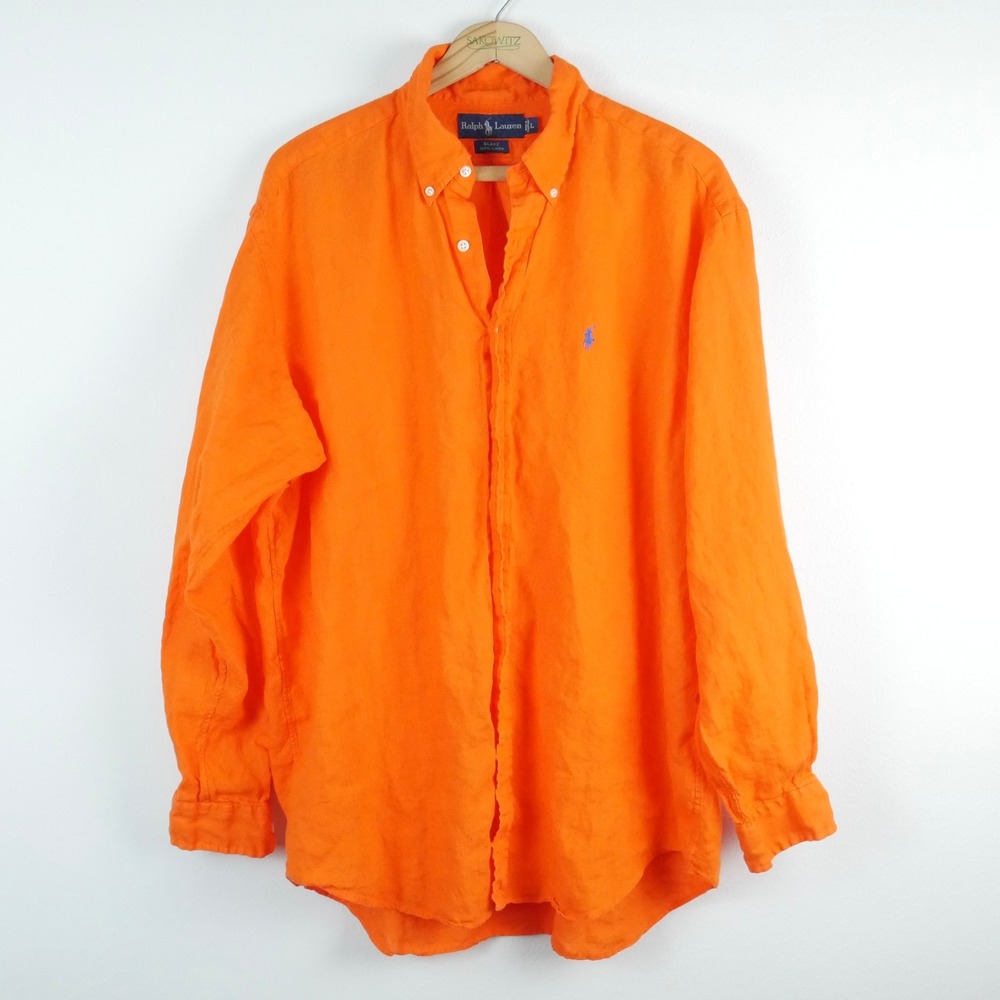 Polo Ralph Lauren Blake Large Orange 100% Linen Long Sleeve Shirt Preppy Vintage